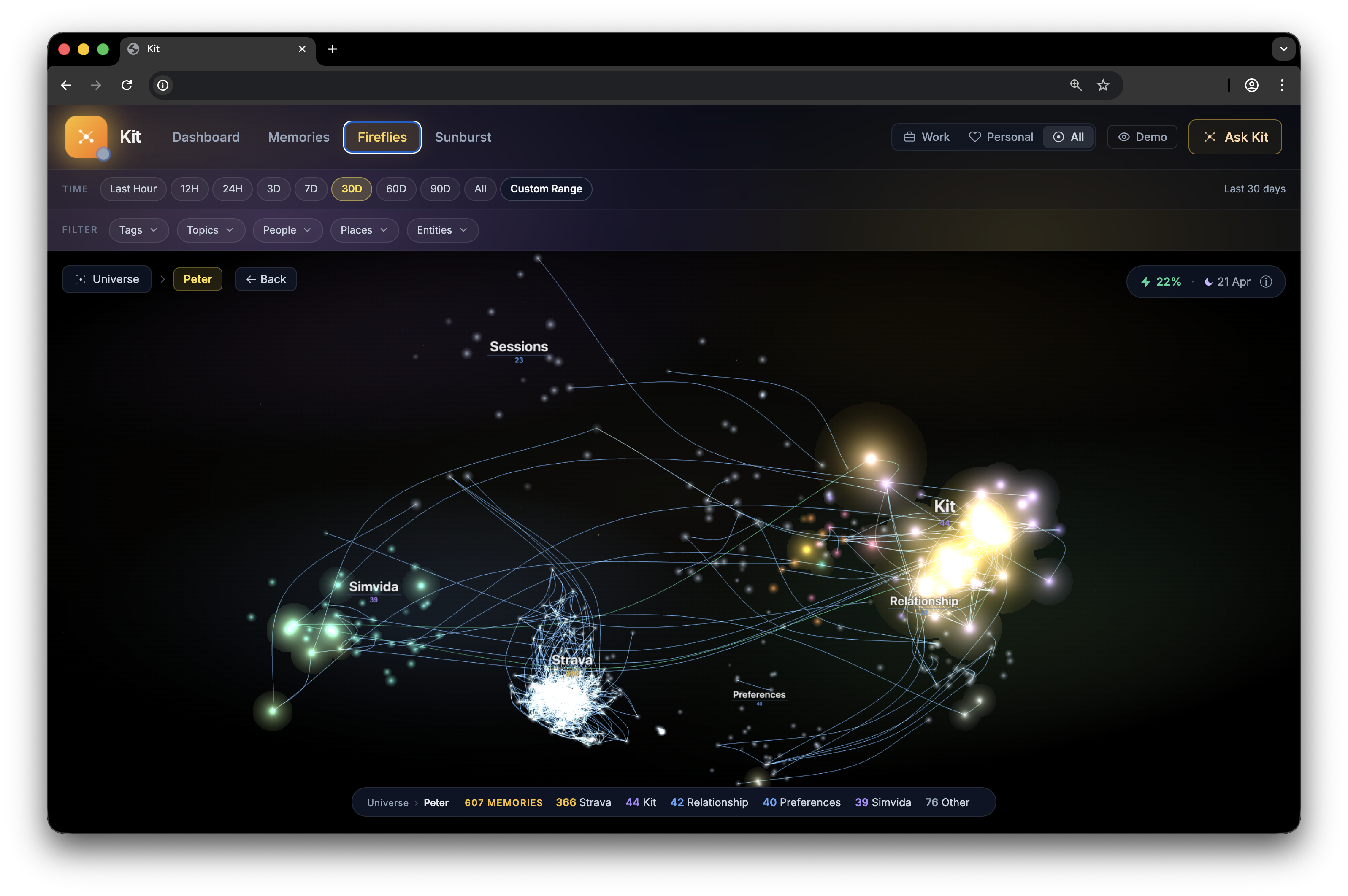 Kit brain UI: the Fireflies 3D knowledge graph. Glowing nodes in named clusters (Kit, Simvida, Sessions, Preferences, Relationships) connected by curved edges over dark navy. Tier / category / project filters at the top, legend at the bottom showing memory counts by source.