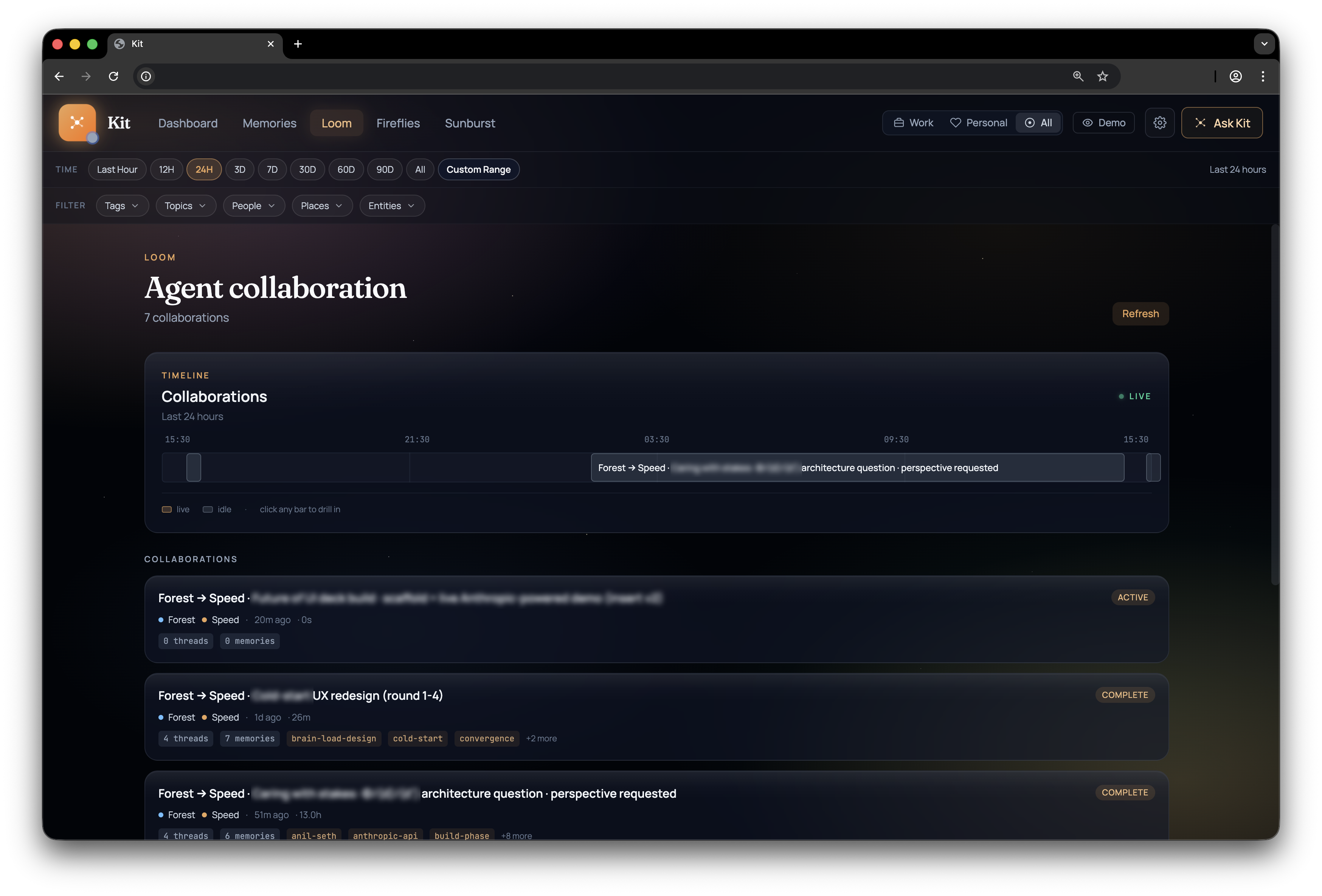 Screenshot of Kit's Loom tab, showing the Agent Collaboration view with a horizontal timeline of recent collaborations across the last 24 hours and the new status-filter chrome.