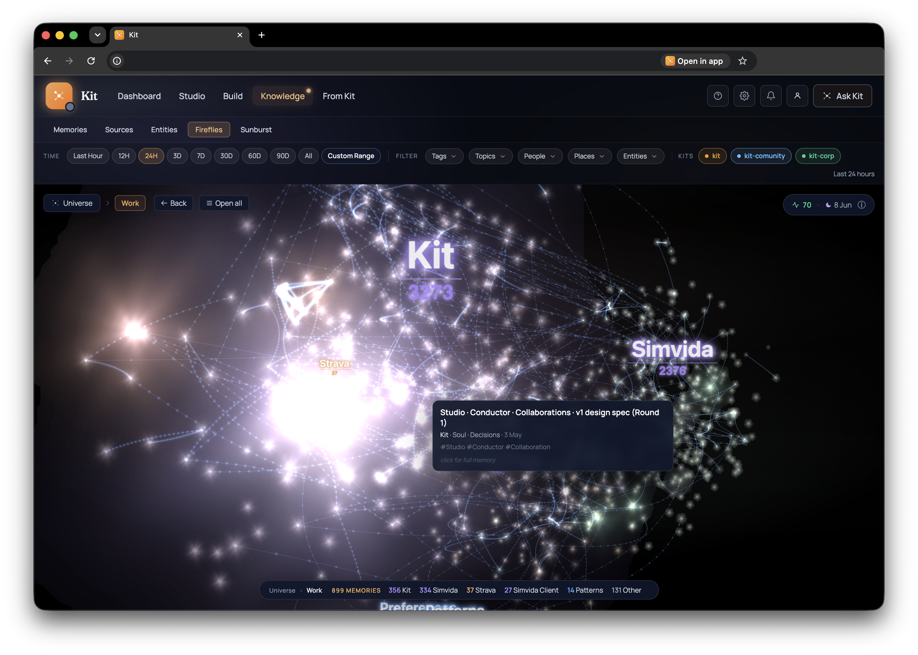Kit's Fireflies graph view showing a bright constellation of memory nodes and curved relationships between Kit and SimVida clusters.