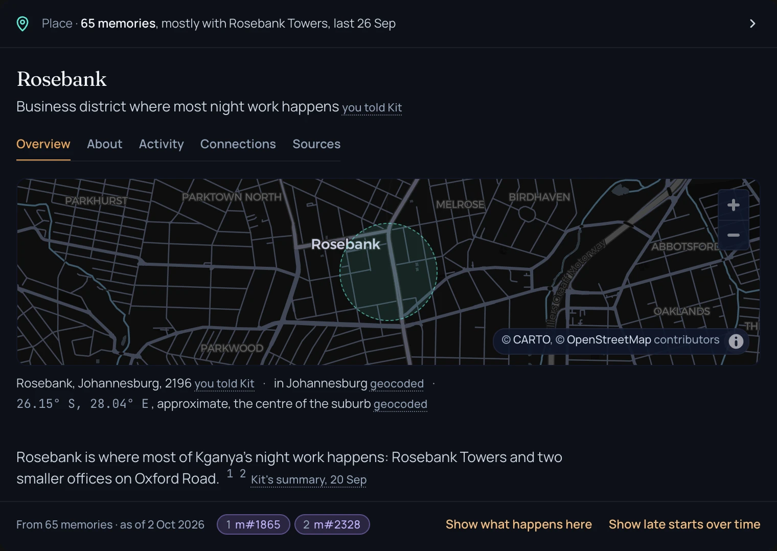 A place card for Rosebank with Local only off: a dark street map of the suburb with the area marked, the address the owner stated, and coordinates marked as looked up.